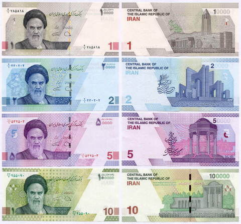 Банкноты Ирана 4 шт (1, 2, 5 и 10 туманов - 10000, 20000, 50000 и 100000 риалов) 2021 год. UNC Реальные номера