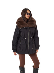 Черная пуховая парка с меховым воротником
