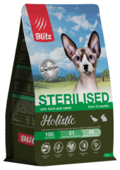 Сухой корм для кошек Blitz Holistic Cat Duck & Rabbit Sterilised Cat низкозерновой корм для стерилизованных кошек, утка и кролик, 5 кг