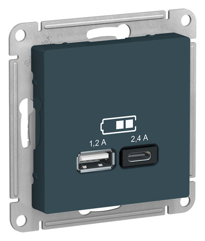 Розетка USB-зарядка двойная А+С 5В/2,4 А, 2х5В/1,2 А. Цвет Изумруд. Schneider Electric(Шнайдер электрик). AtlasDesign Nature. ATN000839