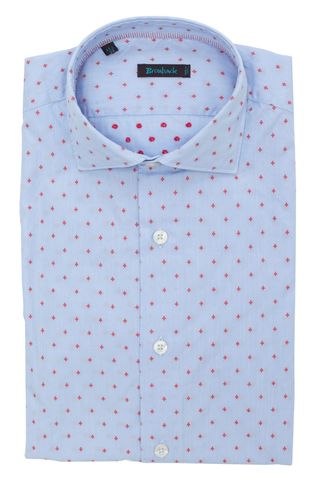 Голубая рубашка с мелким красным геометрическим узором
