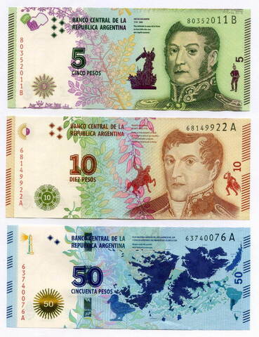 Банкноты Аргентина 3 шт (5, 10 и 50) песо 2015 год. UNC. Реальные номера