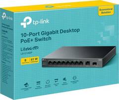 TP-Link LS1210GP Настольный коммутатор с 9 гигабитными портами RJ45 (8 портов PoE+) и портом SFP