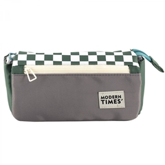 Пенал - косметичка Alingar, ткань, молния, боковой карман, липучка, 200 х 90 х 45 мм, "Modern TIMES", зеленый/серый, дизайн клетка, европодвес