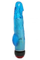 Голубой вибратор-реалистик с мошонкой и подсветкой - 21,5 см. - 