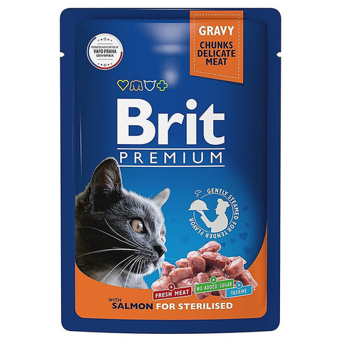 Влажный корм Brit Premium с лососем в соусе для кастр. кошек 85 г (пауч Брит)