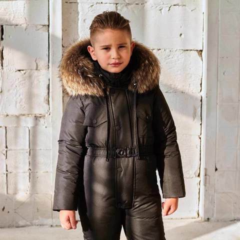 Дитячий зимовий комбінезон з натуральною опушкою в чорному кольорі для хлопчиків
