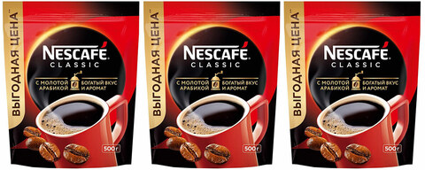 купить Комплект кофе растворимый Nescafe Classic с добавлением молотой арабики, 500 г пакет 3 шт