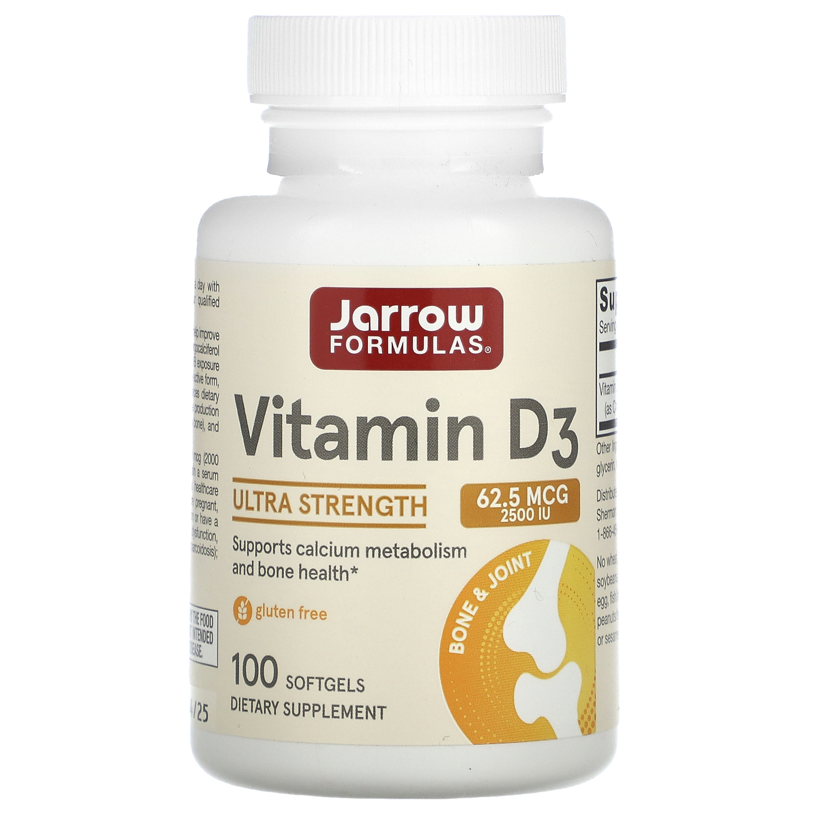 Jarrow Formulas, Витамин D3, сверхсила, 62,5 мкг (2500 МЕ), 100 мягких ...