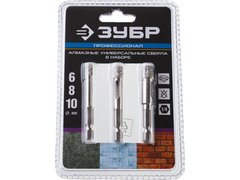 ЗУБР 6, 8, 10 мм, хвостовик HEX 1/4?, набор сверл алмазных по керамограниту, Профессионал (29865-H3)