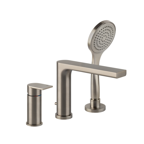 Gessi 38634#149 Gessi Emporio Via manzoni Смеситель для ванны на 3 отверстия с переключателем, изливом и шлангом 1,50м, цвет: Finox Brushed Nickel