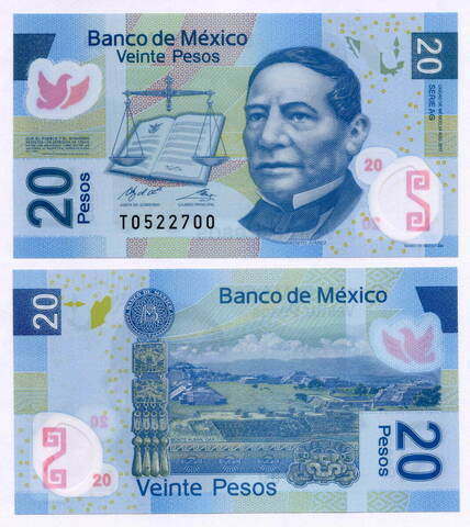 Банкнота Мексика 20 песо 2017 год T0522700. UNC (пластик)