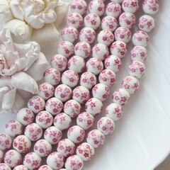 Бусина Шарик, керамика, белая с розовой росписью, 12 мм, 1 шт, МК014