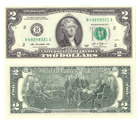 Счастливая банкнота 2 доллара 2013 год UNC