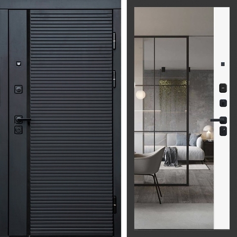 Входная металлическая дверь с зеркалом Brandoors Пиано 075 Зеркало 3D Белый софт (черная фурнитура)