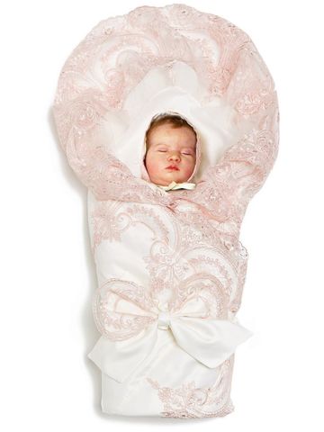 Зимний конверт-одеяло на выписку "Роскошный" (молочный с розовым кружевом) без пледа