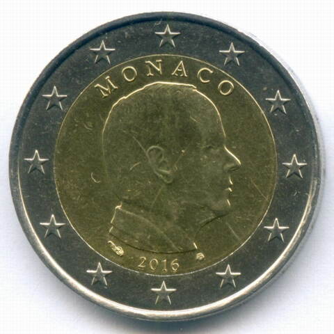 2 евро 2016 год. Монако. Регулярный выпуск. Тип 2. Биметалл AUNC