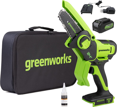 Цепная мини пила аккумуляторная Greenworks GD24CSMNX Арт. 2008707UB, 24V, 15см, бесщеточная, в комплекте АКБ 4 А·ч и ЗУ в сумке