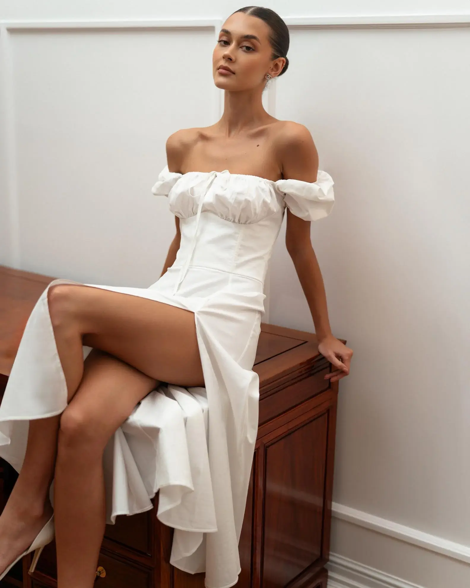 Платье с воланами макси, белый