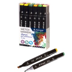 
          Набор скетчмаркеров DUO Alingar,12 цветов, лесные оттенки (зелен, желт, оранж, крас), пулевидный/клиновидный 1-6 мм, спиртовая основа, ПВХ упаковка
