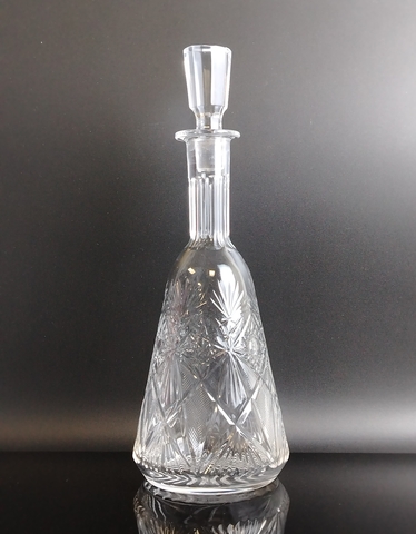 Графин, штоф с пробкой хрустальный, алмазная грань, геометрический декор, 29 см, винтаж СССР 1970-1990 гг