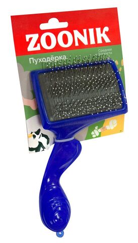 Зооник пуходерка пластмассовая с каплей трехрядная большая с фигурной ручкой на блистере 95*60