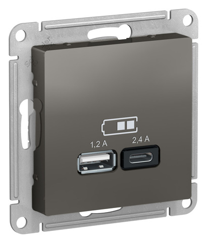 Розетка USB-зарядка двойная А+С 5В/2,4 А, 2х5В/1,2 А. Цвет Сталь. Schneider Electric(Шнайдер электрик). AtlasDesign Nature. ATN000939