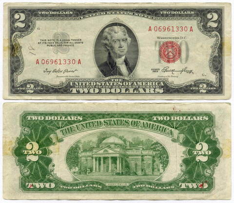 Банкнота США 2 доллара 1953 A 06961330 A. F-VF (надпись карандашом)