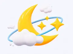 3D иконка жёлтой луны с облаками и звёздами