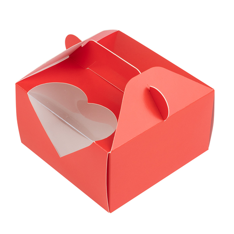 Коробка для бенто-торта красная с ручками с окном сердце 140х140х80 мм