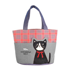 Сумка серая с милым черным котом в шотландском стиле (тоут), "MIMENEKO", 22-5566-1, KUSUGURU