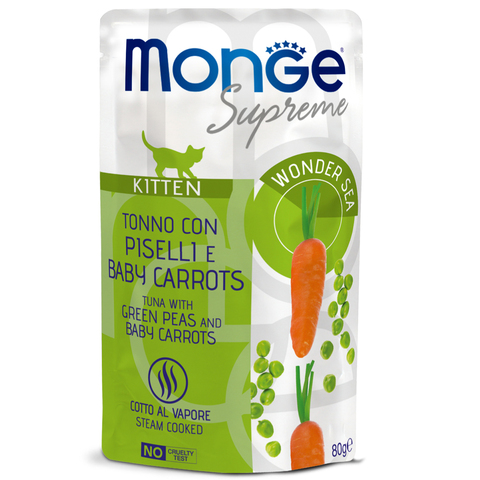 Monge Supreme kitten влажный корм для котят из тунца с зелёным горошком и мини-морковью 80 г