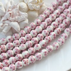 Бусина Шарик, керамика, белая с розовой росписью, 12 мм, 1 шт, МК014