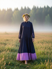 Иоанна. Платье льняное с капюшоном, вышивка по низу рукава PL-422608