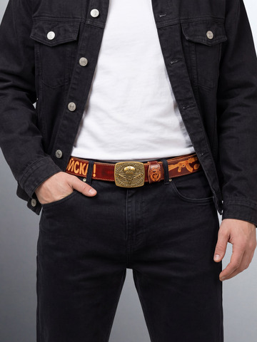 Кожаный ремень «Слава Русскому Десанту» цвета охра на бляхе-автомат