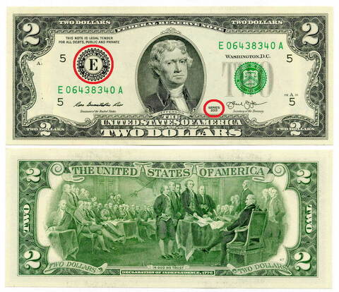 Банкнота США 2 доллара 2013 E 06438340 A (Ричмонд). UNC