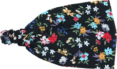 Летняя бандана (повязка-косынка) из тонкой вискозной ткани, на резинке. Принт - мелкие цветы и листики на черном фоне.