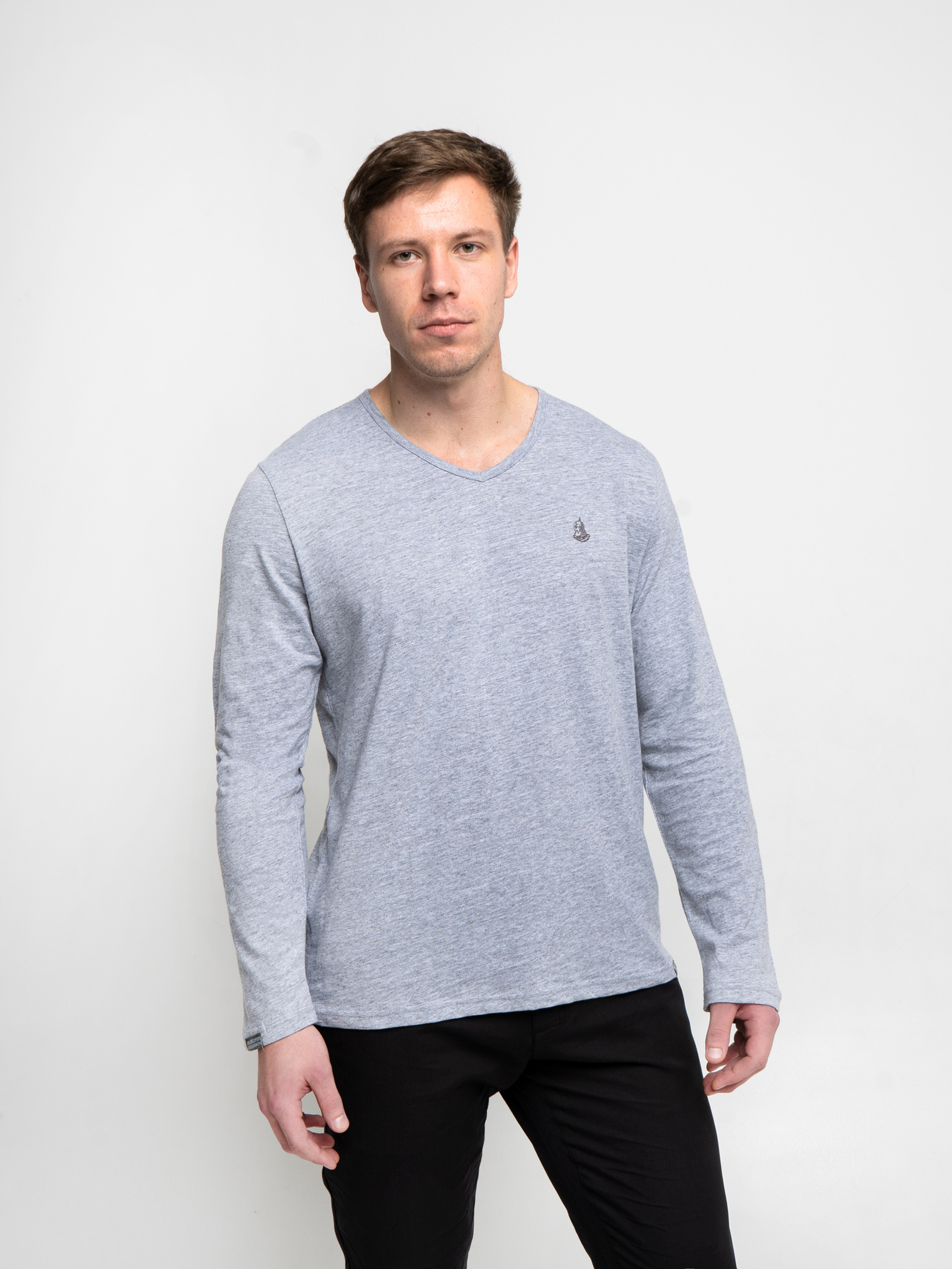Long-sleeved V-neck melange t-shirt