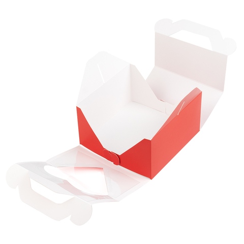 Коробка для бенто-торта красная с ручками с окном сердце 140х140х80 мм