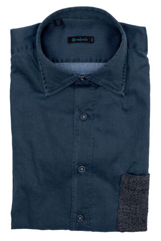 Синяя рубашка в рубчик с накладным серым карманом 