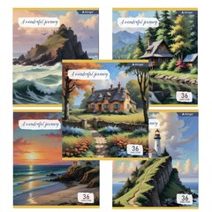 
          Тетрадь 36 л., А5, линия, Alingar "Пейзажи", скрепка, офсет, мелованный картон (стандарт), 5 дизайнов в пленке т/у