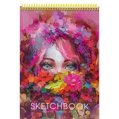 
          Скетчбук А4 20л., "Девушка с букетом", 200г/м2, Миленд, спираль, 7БЦ, глянц. ламинация, жёсткая подложка, акварельная бумага