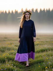 Иоанна. Платье льняное с капюшоном, вышивка по низу рукава PL-422608