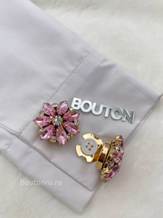 Накладка на пуговицу в форме цветка золотистые с ярко-розовыми стразами (клипсы)