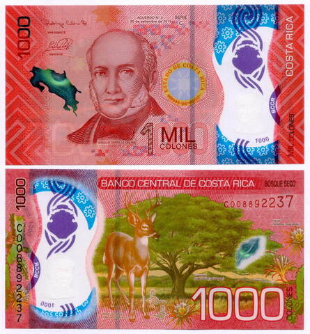 Банкнота Коста-Рика 1000 колон 2019 год C008892237. UNC (пластик)
