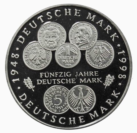 10 марок. 50 лет Немецкой марке (J). Серебро. 1998 г. PROOF. В родной запайке