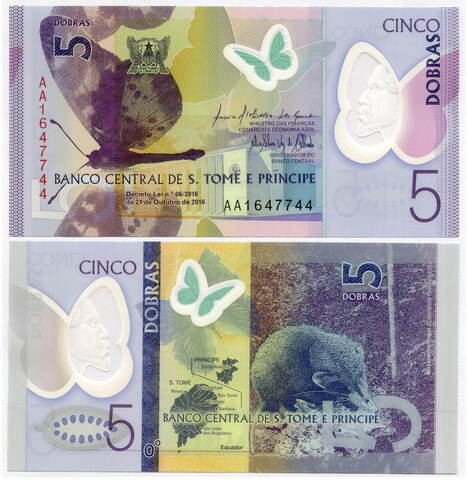 Банкнота Сан-Томе и Принсипи 5 добр 2016 год AA1647744. UNC (пластик)