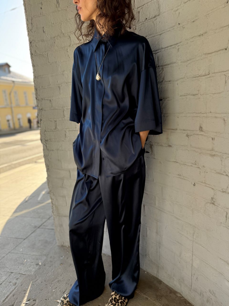 Рубашка с коротким рукавом шелк, синий