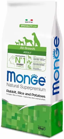 12кг Корм Monge Dog SP Monoprotein Adult Rabbit/Rice для взрослых собак всех пород с Кроликом и рисом