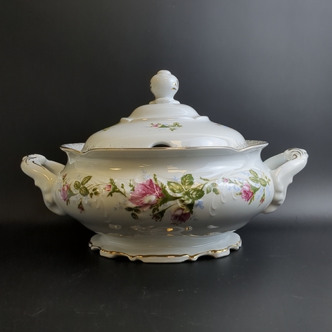 Супница фарфоровая рисунок розы, золочение, Польша Chodziez, винтаж времен СССР 1964-1990 гг